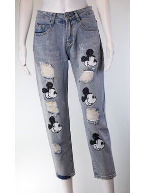 Mickey Mouse Distressed Cropped Jeans
